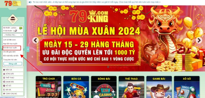 Vào trang chủ nhà cái 79King để rút tiền về tài khoản